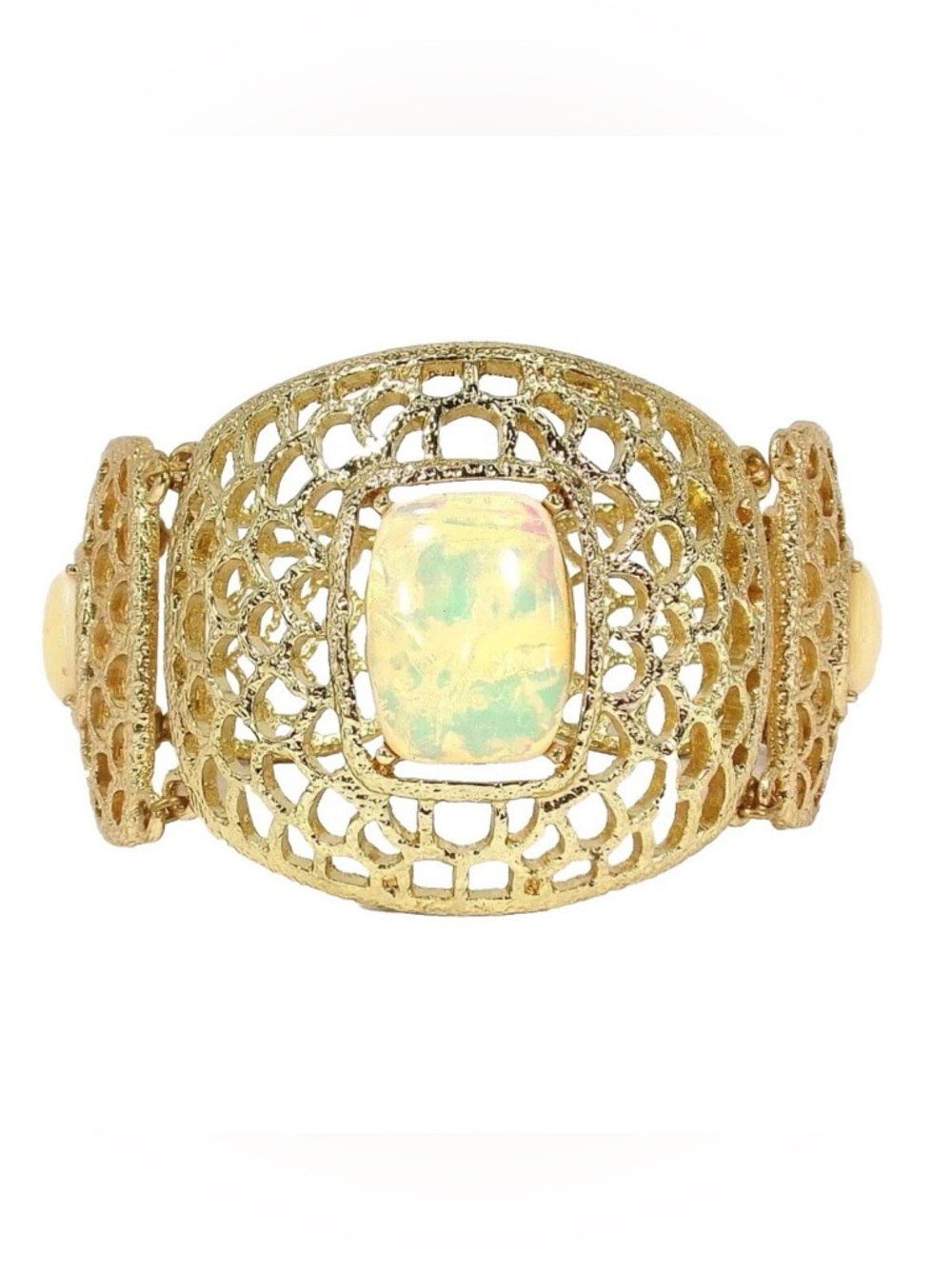 Large wide gold link bracelet with white faux opal beads on a lattice design New